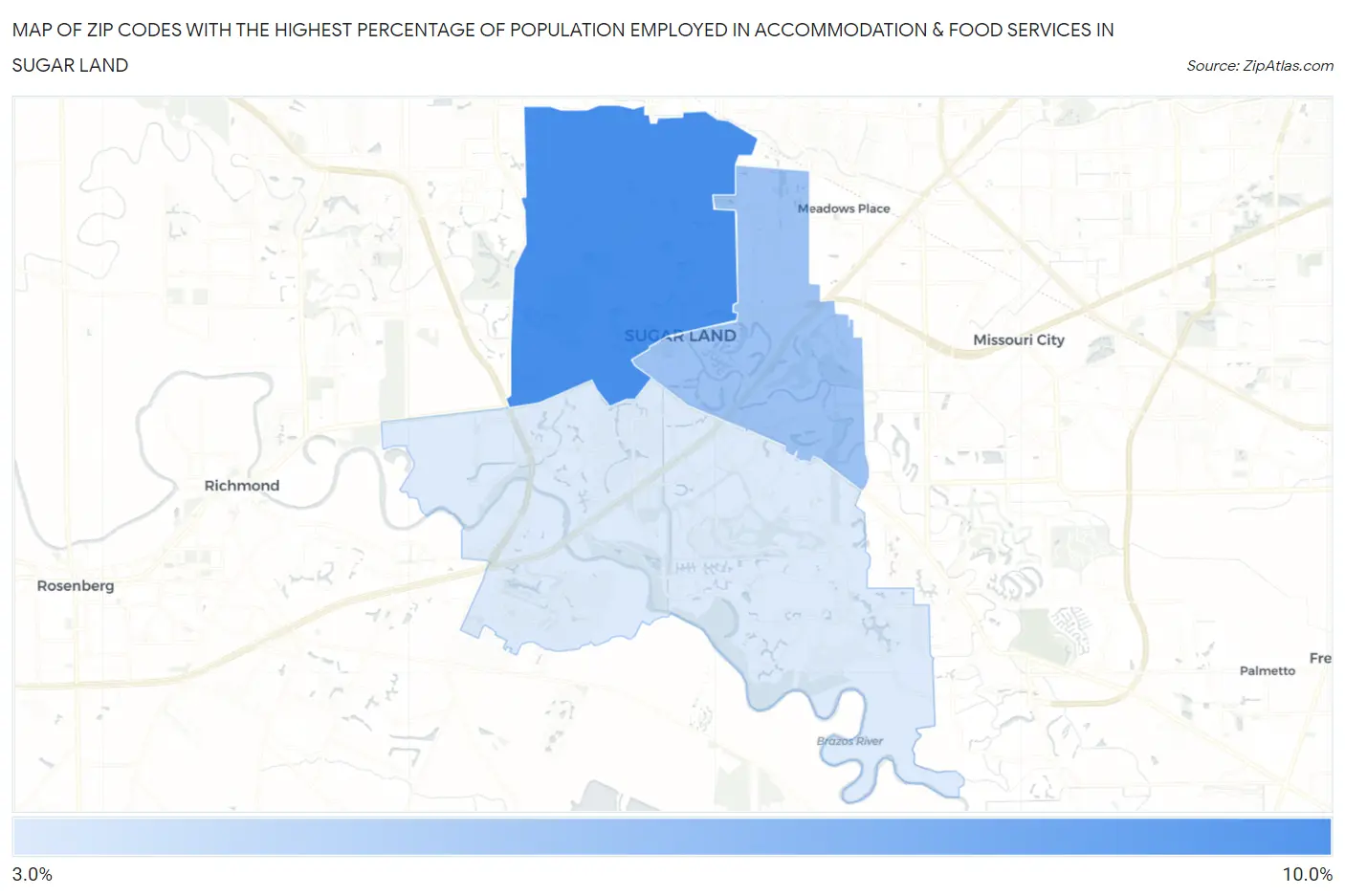 Zip Codes with the Highest Percentage of Population Employed in Accommodation & Food Services in Sugar Land Map