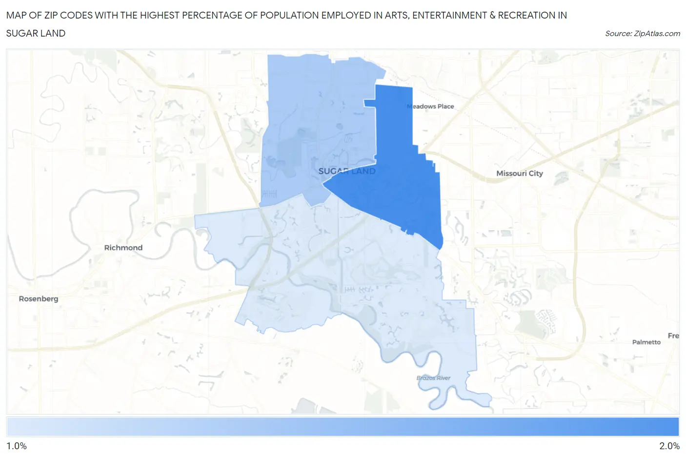 Zip Codes with the Highest Percentage of Population Employed in Arts, Entertainment & Recreation in Sugar Land Map