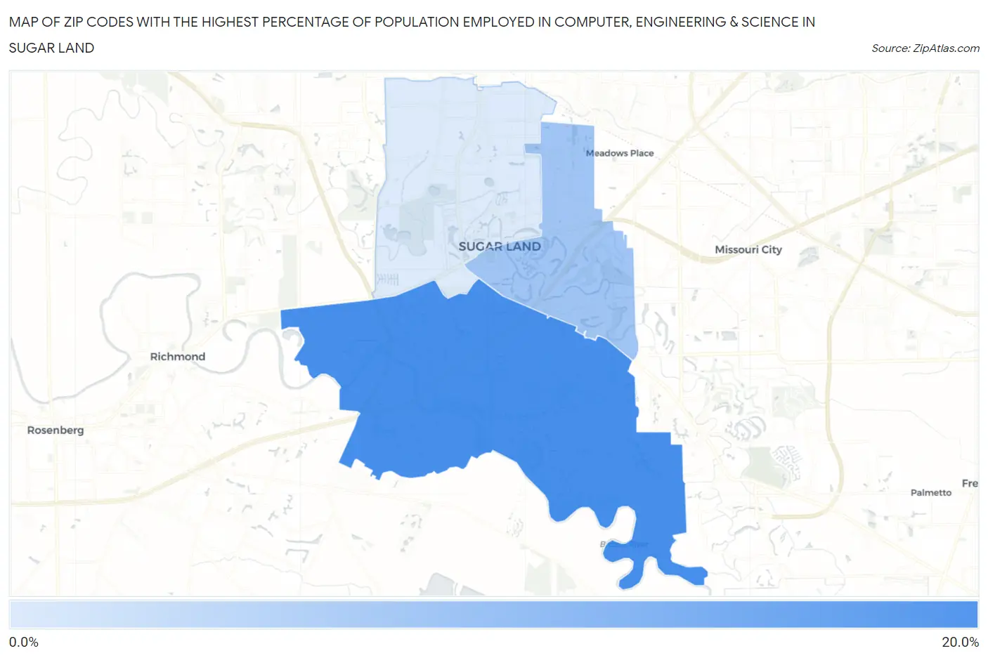 Zip Codes with the Highest Percentage of Population Employed in Computer, Engineering & Science in Sugar Land Map