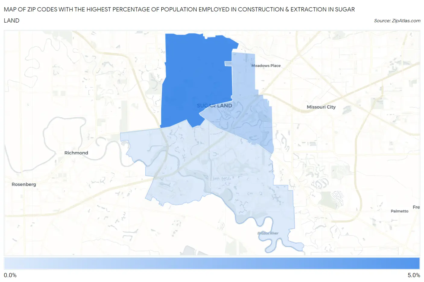 Zip Codes with the Highest Percentage of Population Employed in Construction & Extraction in Sugar Land Map