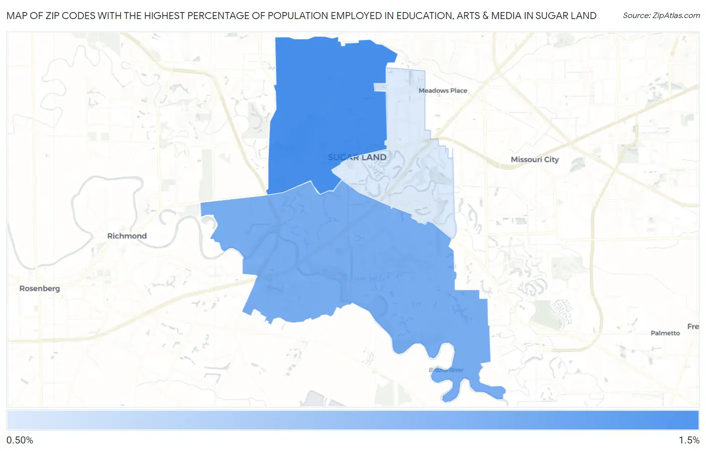 Zip Codes with the Highest Percentage of Population Employed in Education, Arts & Media in Sugar Land Map