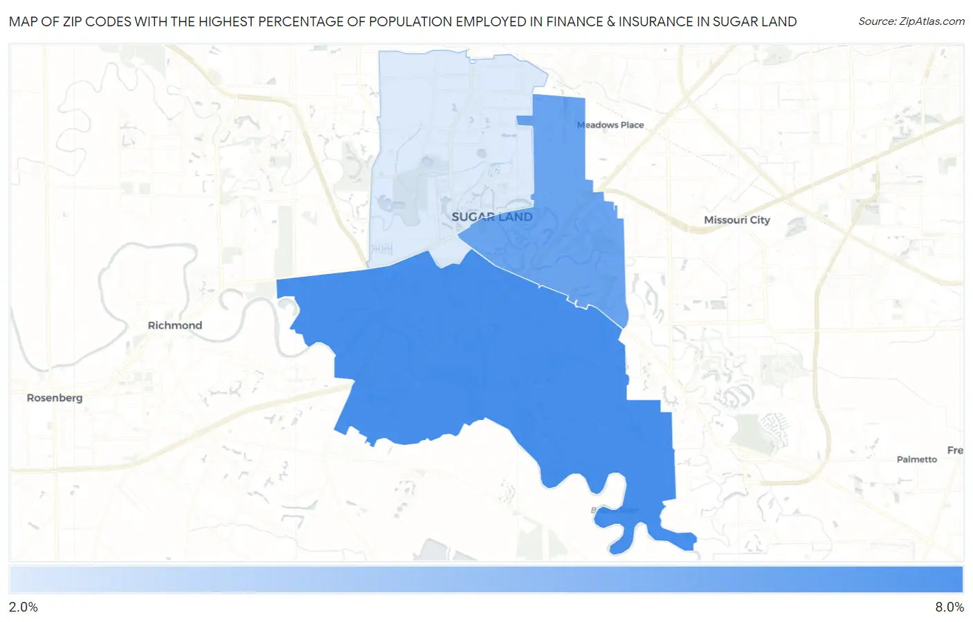 Zip Codes with the Highest Percentage of Population Employed in Finance & Insurance in Sugar Land Map