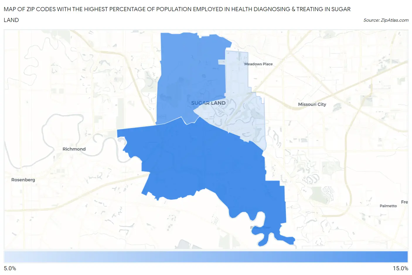 Zip Codes with the Highest Percentage of Population Employed in Health Diagnosing & Treating in Sugar Land Map