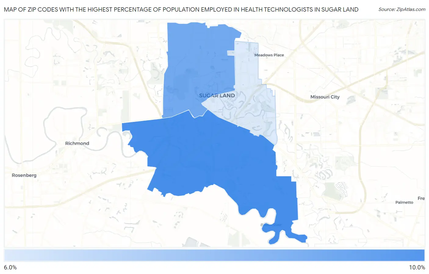 Zip Codes with the Highest Percentage of Population Employed in Health Technologists in Sugar Land Map