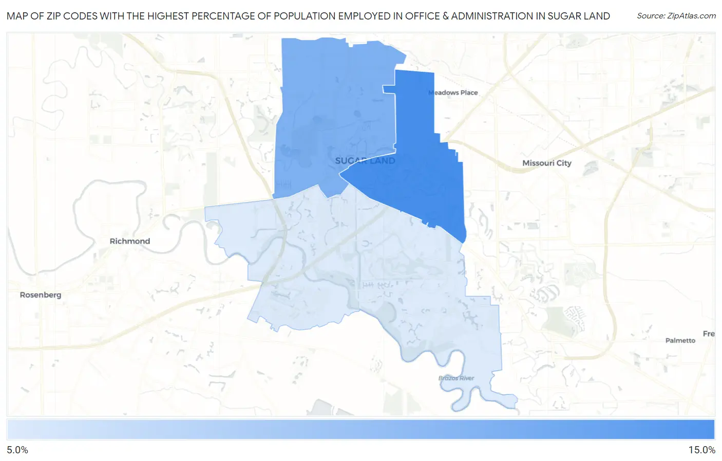 Zip Codes with the Highest Percentage of Population Employed in Office & Administration in Sugar Land Map