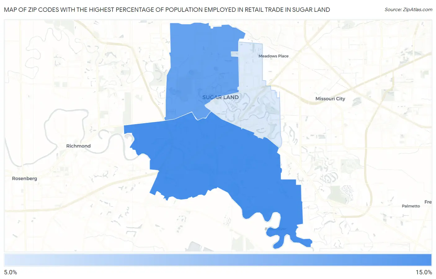 Zip Codes with the Highest Percentage of Population Employed in Retail Trade in Sugar Land Map