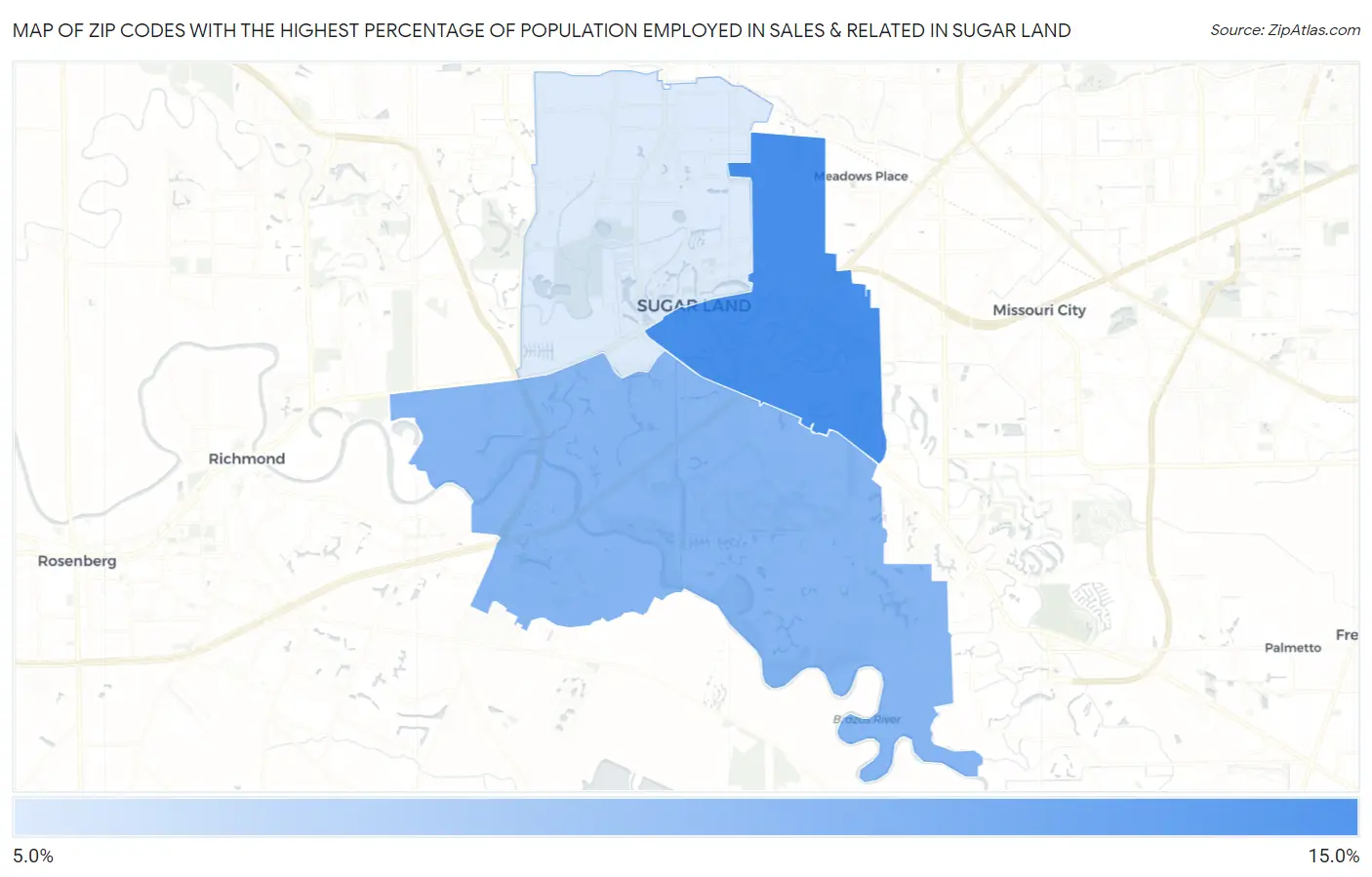 Zip Codes with the Highest Percentage of Population Employed in Sales & Related in Sugar Land Map