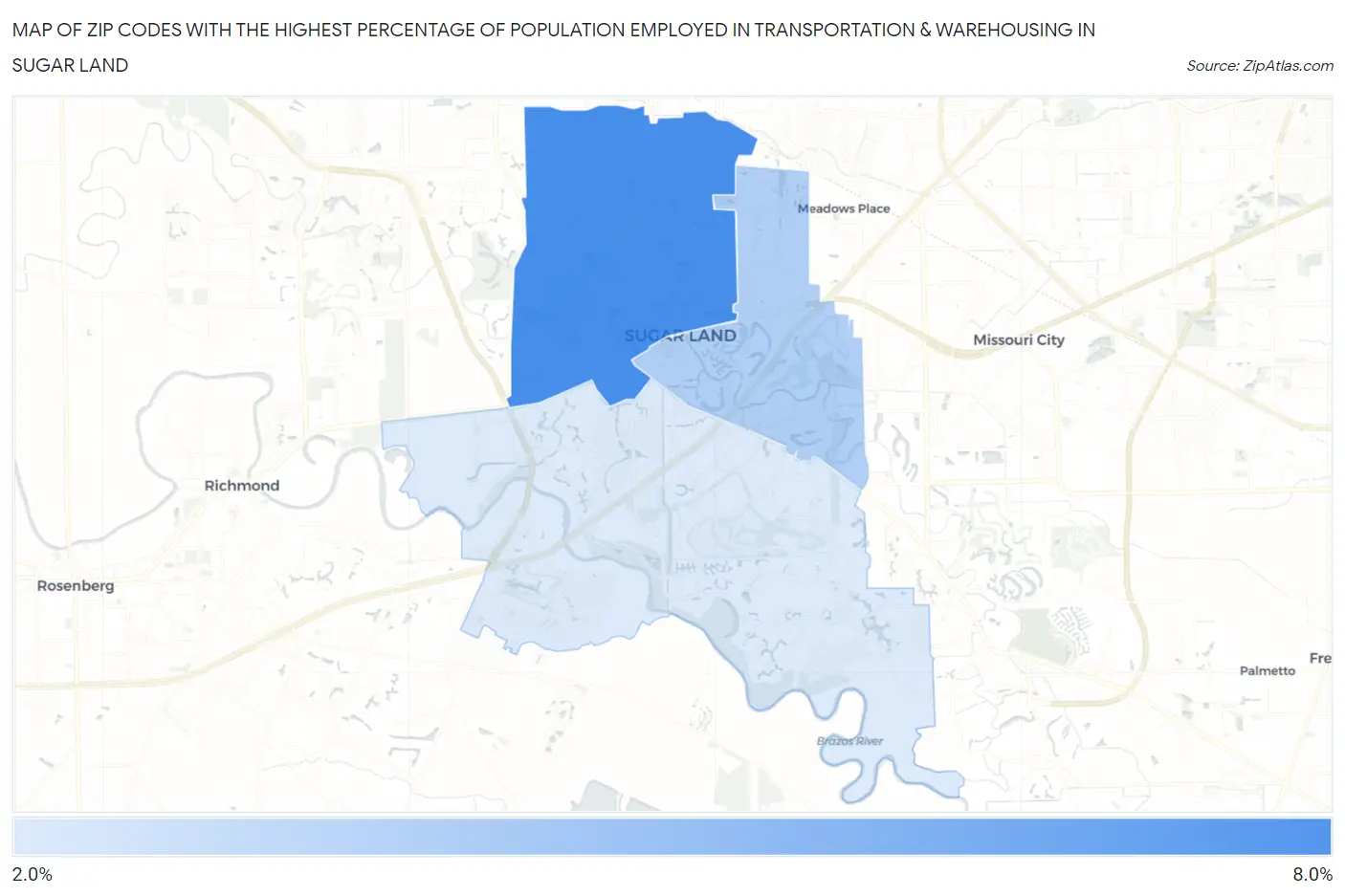 Zip Codes with the Highest Percentage of Population Employed in Transportation & Warehousing in Sugar Land Map