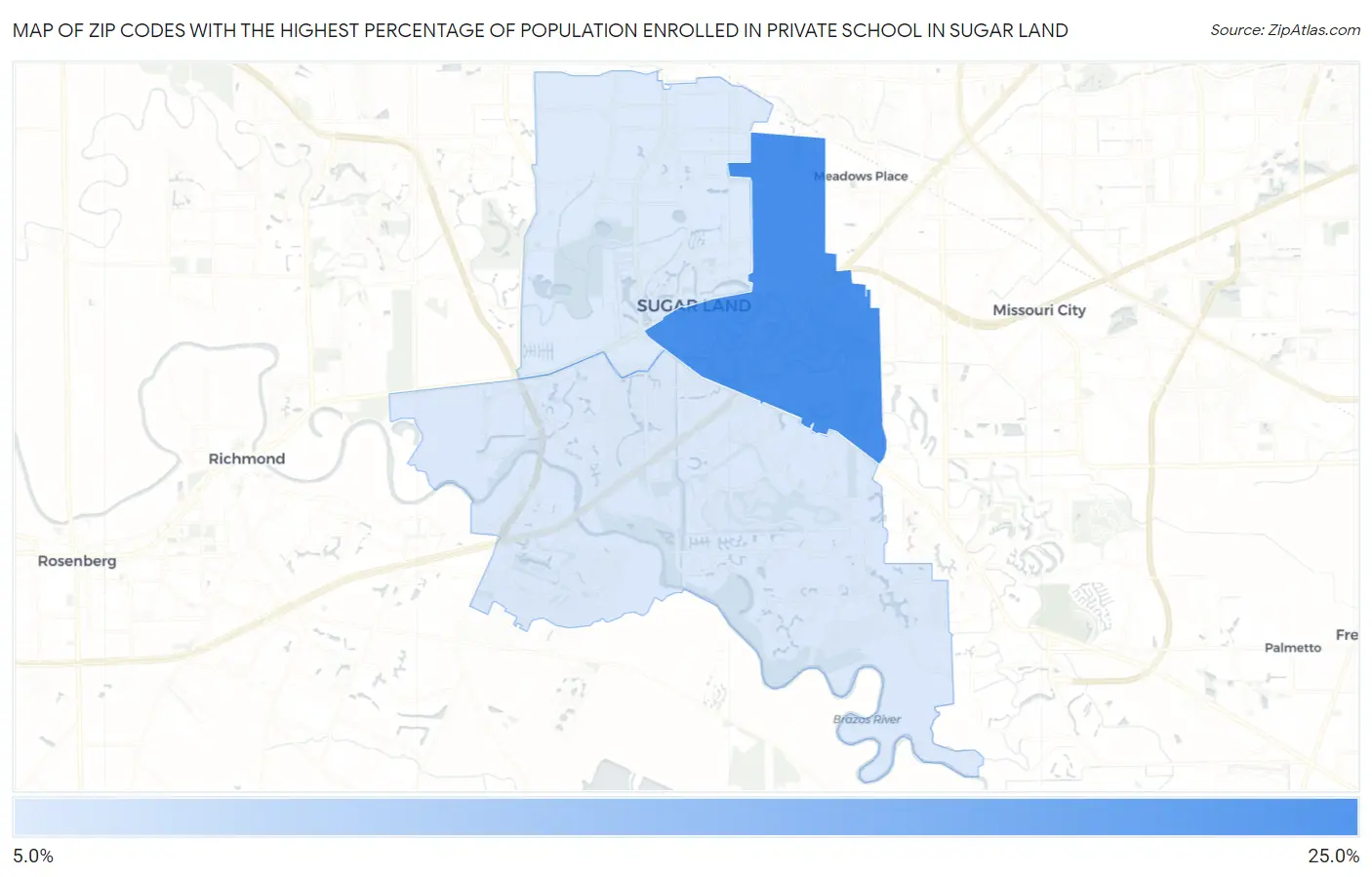 Zip Codes with the Highest Percentage of Population Enrolled in Private School in Sugar Land Map