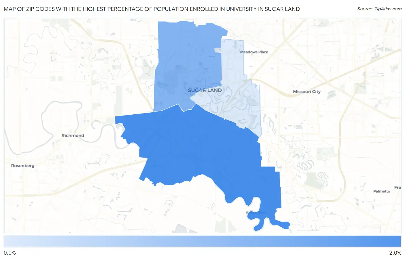 Zip Codes with the Highest Percentage of Population Enrolled in University in Sugar Land Map