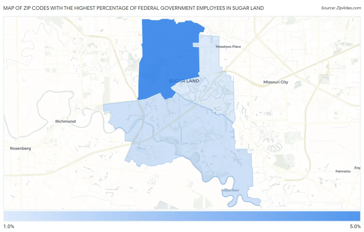 Zip Codes with the Highest Percentage of Federal Government Employees in Sugar Land Map