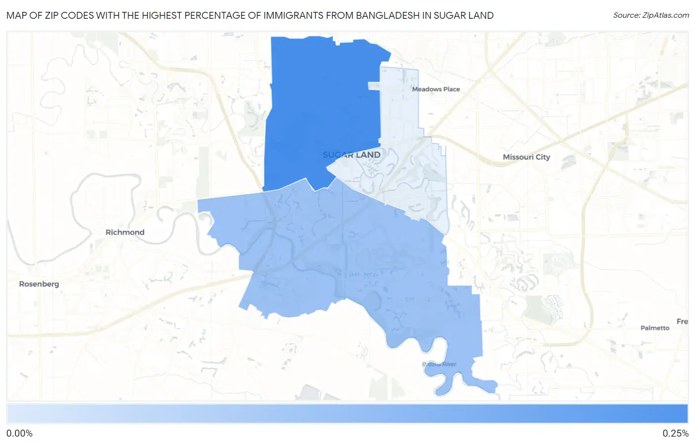 Zip Codes with the Highest Percentage of Immigrants from Bangladesh in Sugar Land Map