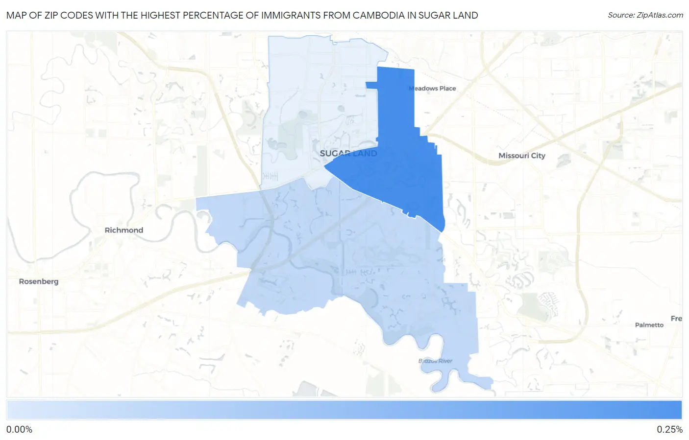 Zip Codes with the Highest Percentage of Immigrants from Cambodia in Sugar Land Map