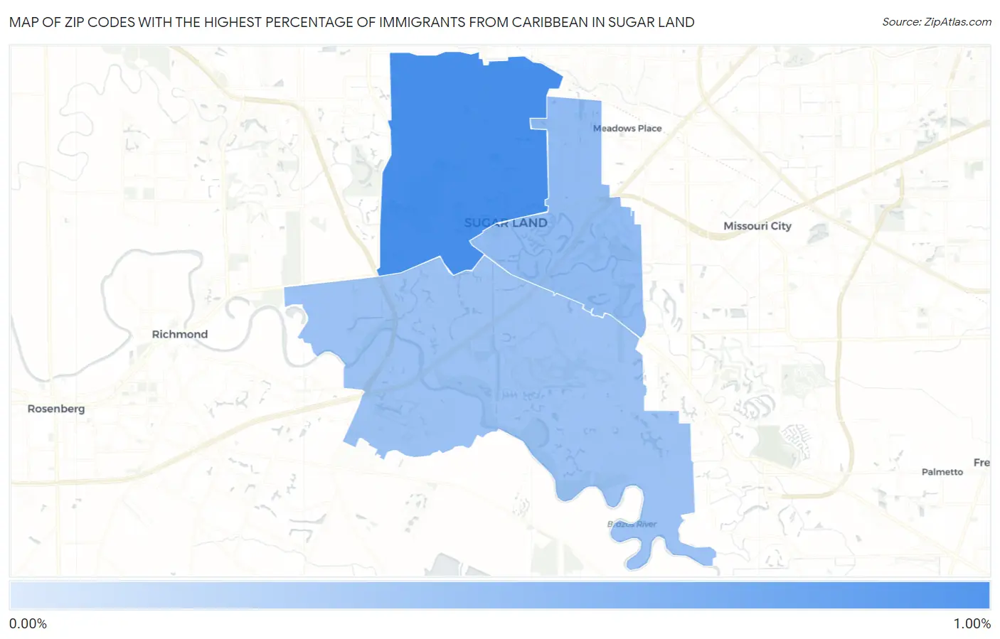 Zip Codes with the Highest Percentage of Immigrants from Caribbean in Sugar Land Map