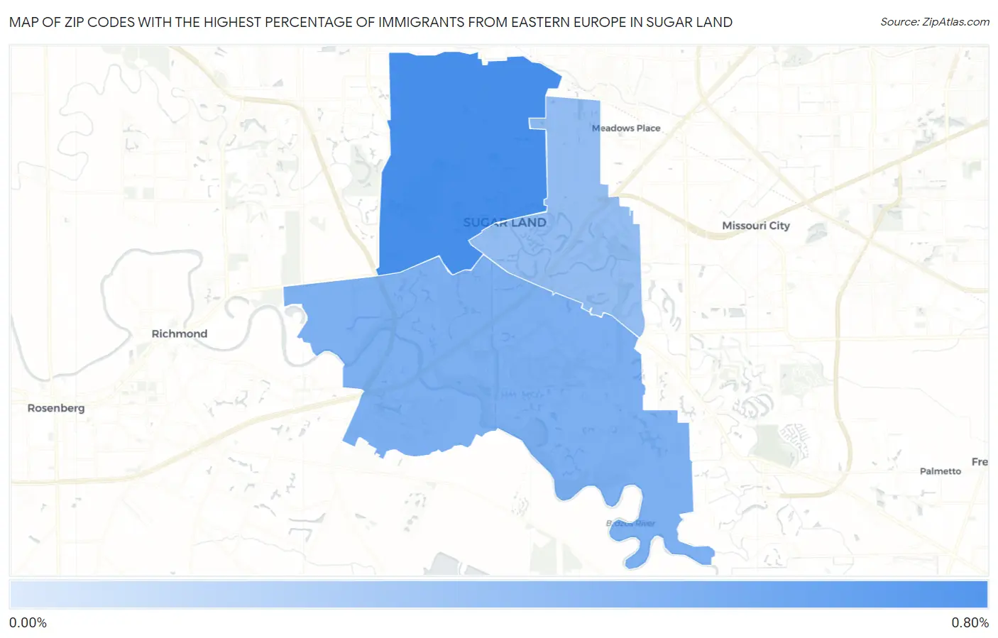 Zip Codes with the Highest Percentage of Immigrants from Eastern Europe in Sugar Land Map