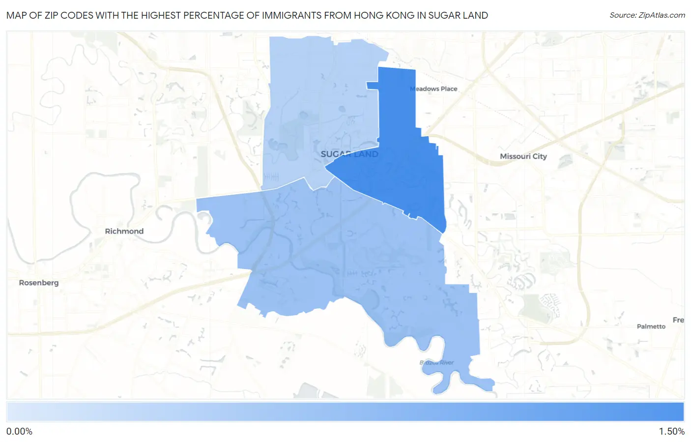 Zip Codes with the Highest Percentage of Immigrants from Hong Kong in Sugar Land Map