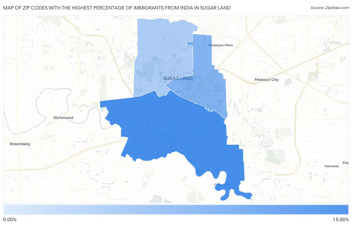 Zip Codes with the Highest Percentage of Immigrants from India in Sugar Land Map