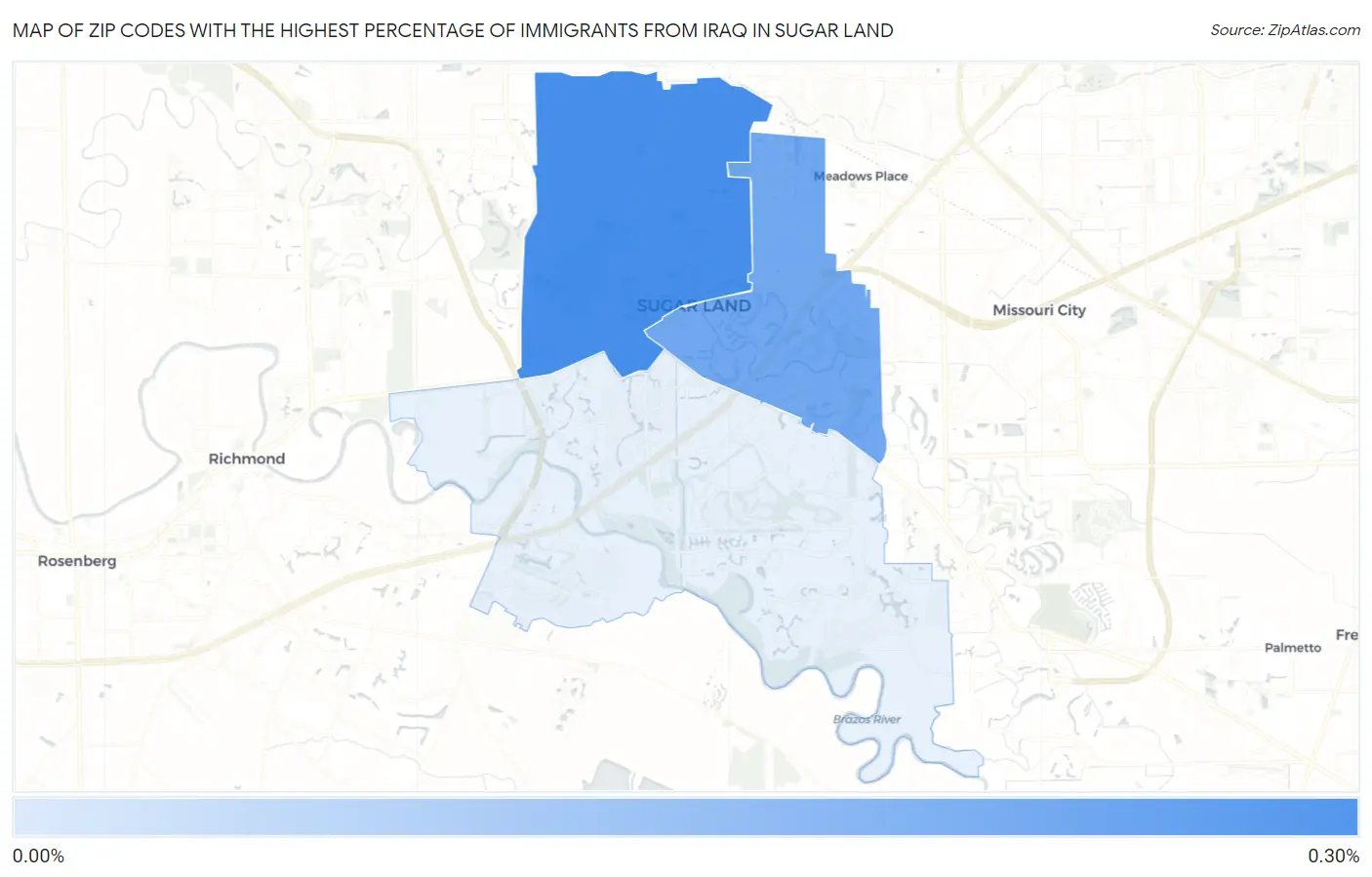 Zip Codes with the Highest Percentage of Immigrants from Iraq in Sugar Land Map