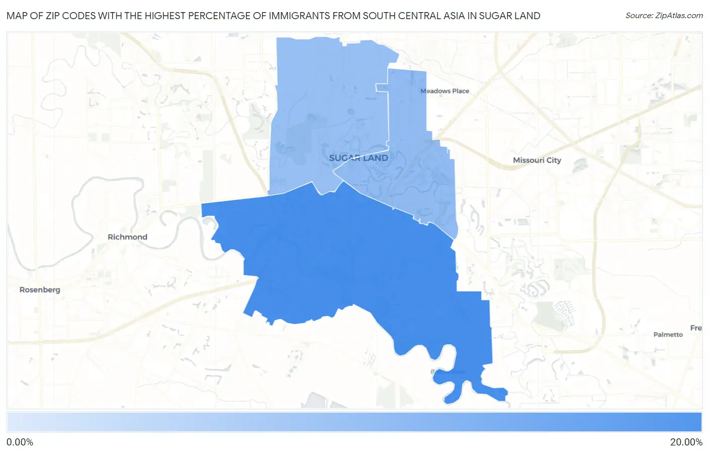 Zip Codes with the Highest Percentage of Immigrants from South Central Asia in Sugar Land Map
