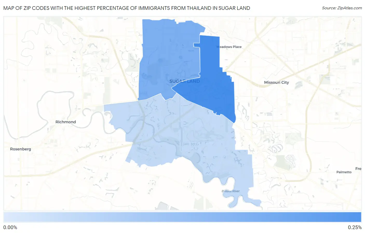 Zip Codes with the Highest Percentage of Immigrants from Thailand in Sugar Land Map
