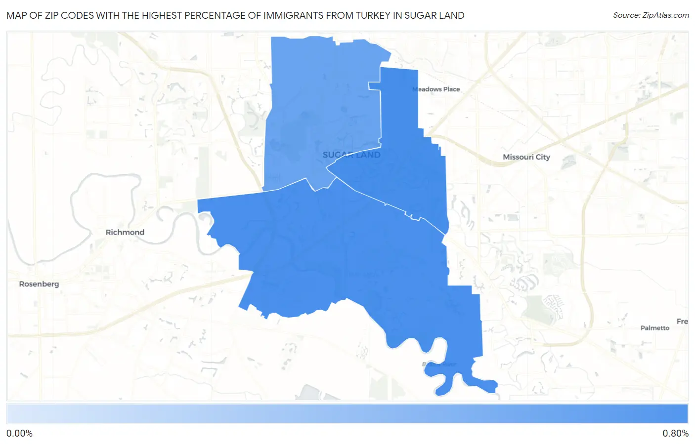 Zip Codes with the Highest Percentage of Immigrants from Turkey in Sugar Land Map