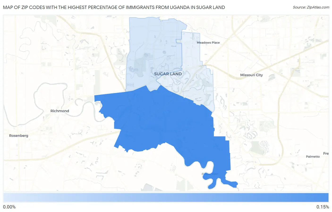 Zip Codes with the Highest Percentage of Immigrants from Uganda in Sugar Land Map