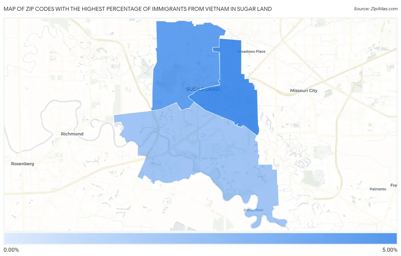 Zip Codes with the Highest Percentage of Immigrants from Vietnam in Sugar Land Map