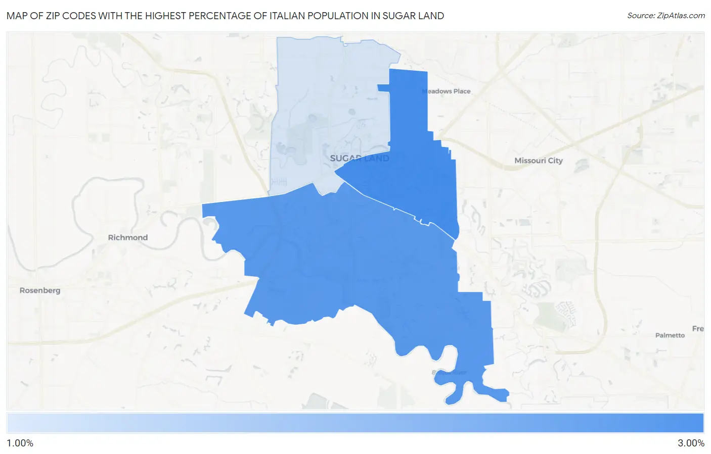 Zip Codes with the Highest Percentage of Italian Population in Sugar Land Map