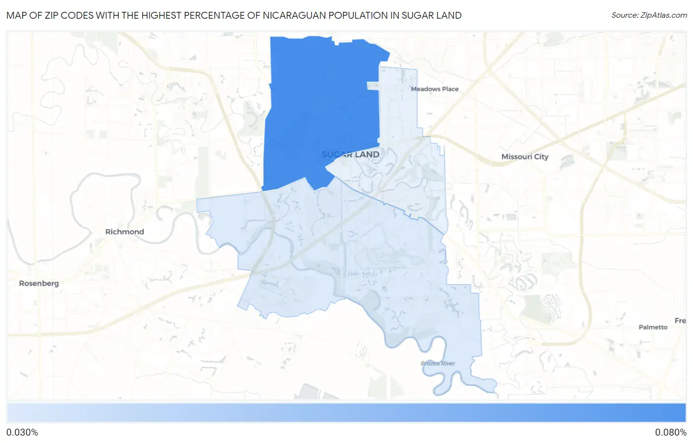 Zip Codes with the Highest Percentage of Nicaraguan Population in Sugar Land Map
