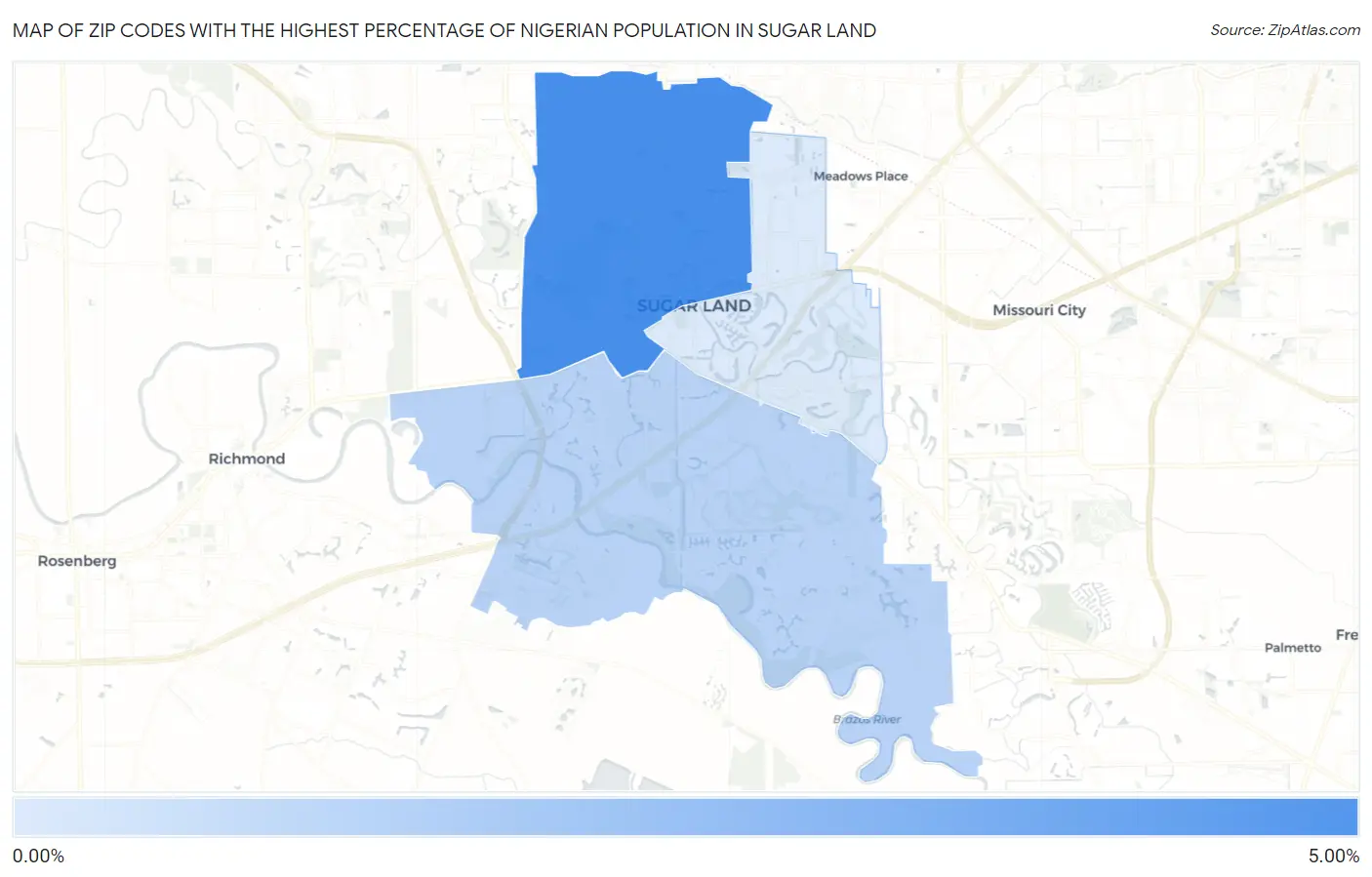 Zip Codes with the Highest Percentage of Nigerian Population in Sugar Land Map