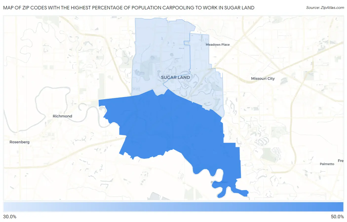 Zip Codes with the Highest Percentage of Population Carpooling to Work in Sugar Land Map