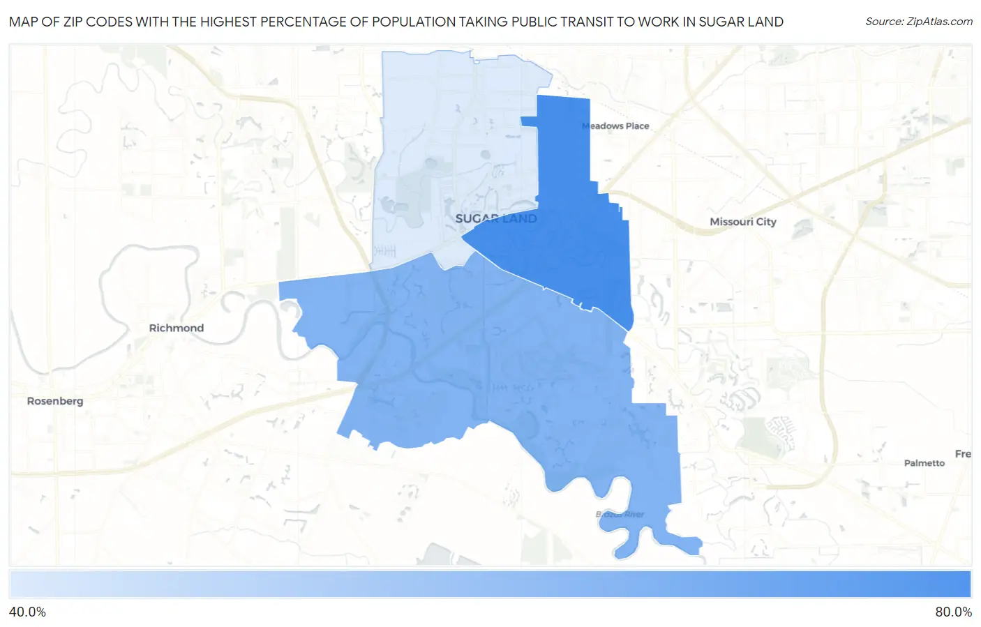 Zip Codes with the Highest Percentage of Population Taking Public Transit to Work in Sugar Land Map