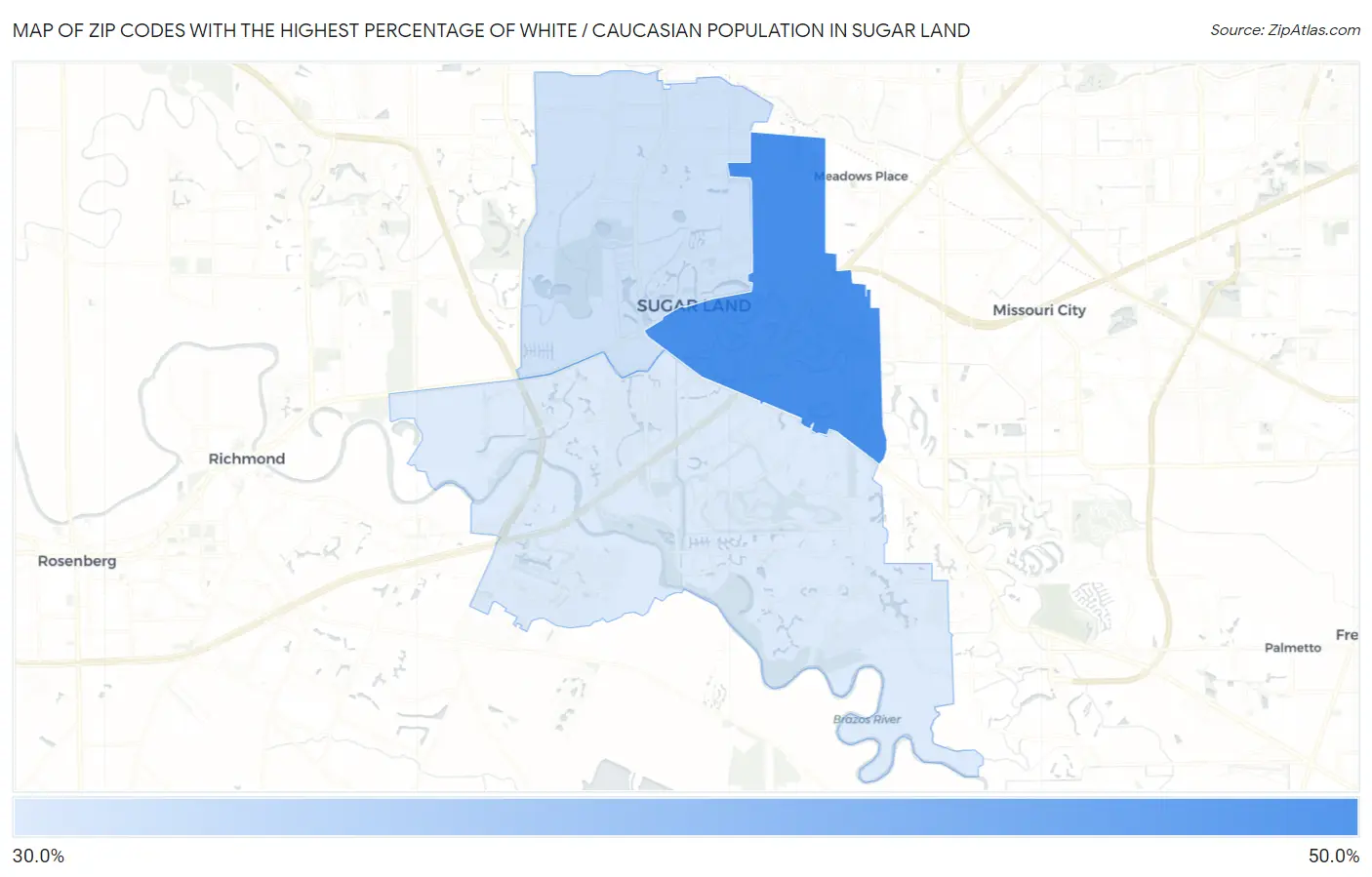 Zip Codes with the Highest Percentage of White / Caucasian Population in Sugar Land Map