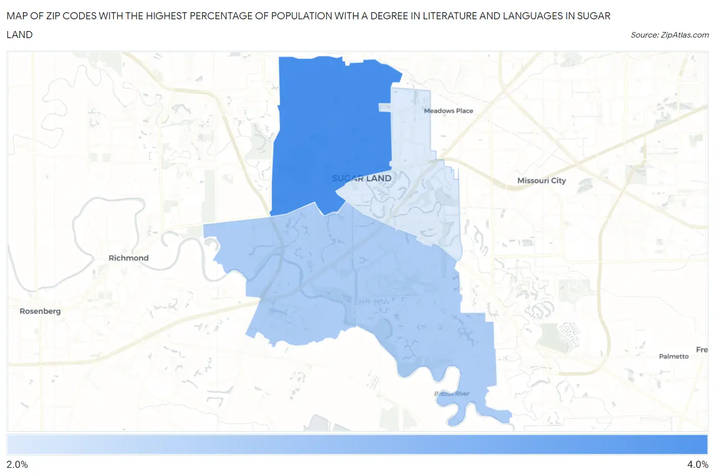 Zip Codes with the Highest Percentage of Population with a Degree in Literature and Languages in Sugar Land Map