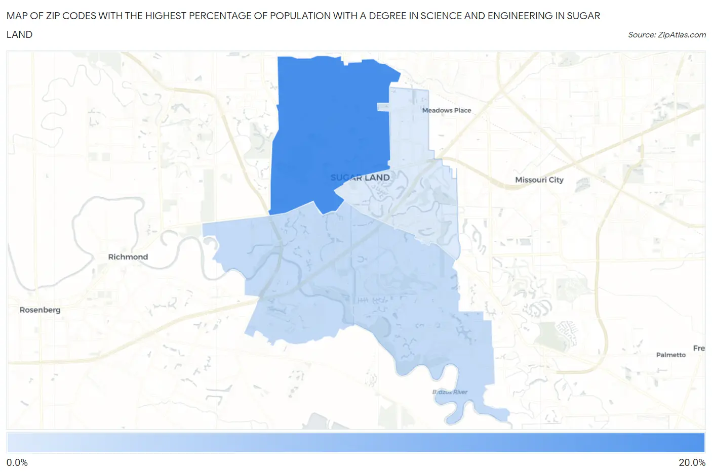 Zip Codes with the Highest Percentage of Population with a Degree in Science and Engineering in Sugar Land Map