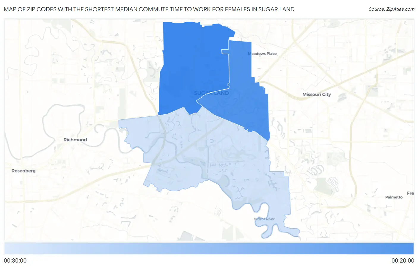 Zip Codes with the Shortest Median Commute Time to Work for Females in Sugar Land Map