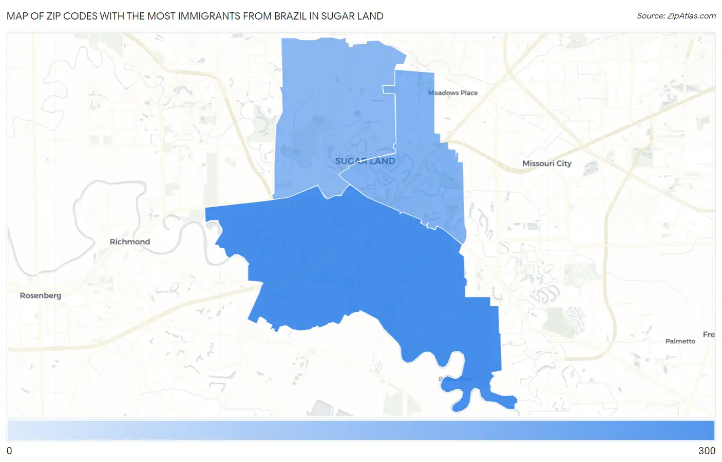 Zip Codes with the Most Immigrants from Brazil in Sugar Land Map