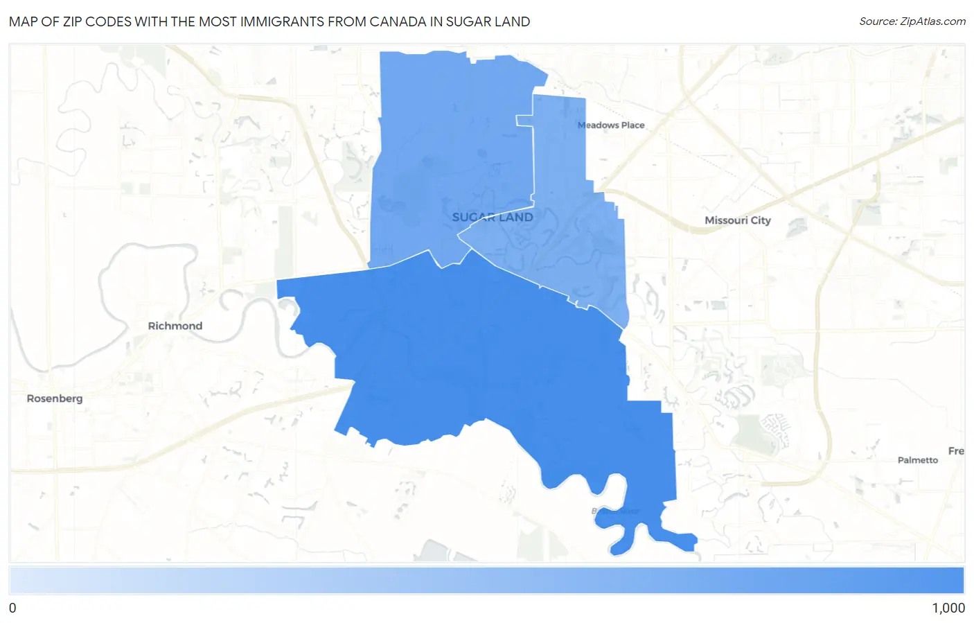 Zip Codes with the Most Immigrants from Canada in Sugar Land Map