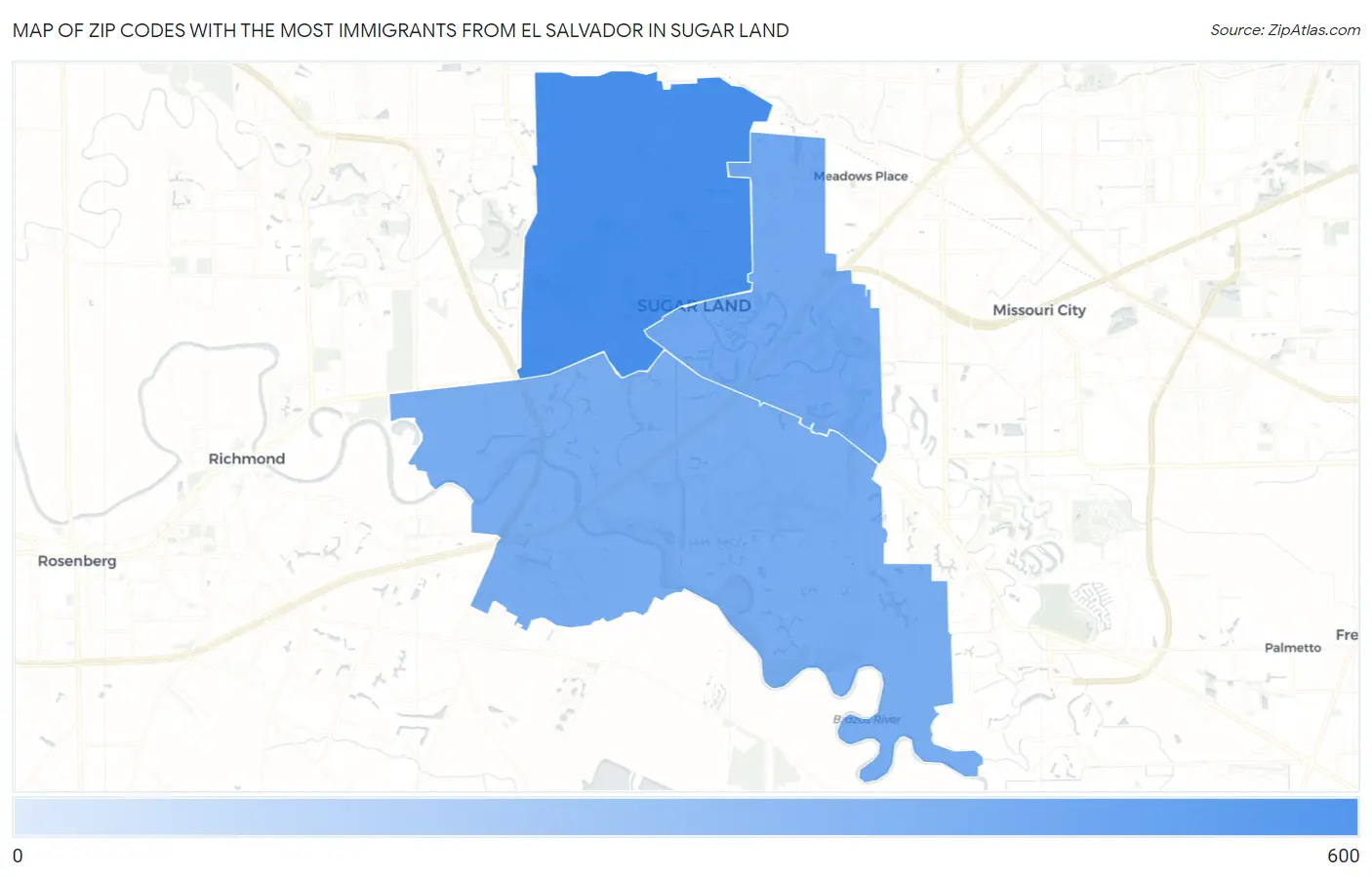 Zip Codes with the Most Immigrants from El Salvador in Sugar Land Map