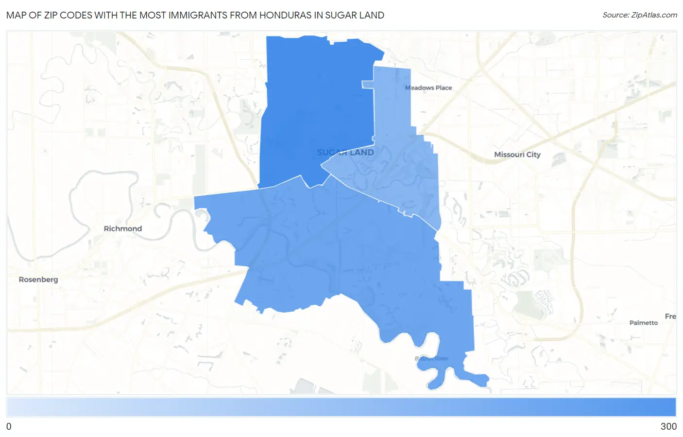 Zip Codes with the Most Immigrants from Honduras in Sugar Land Map