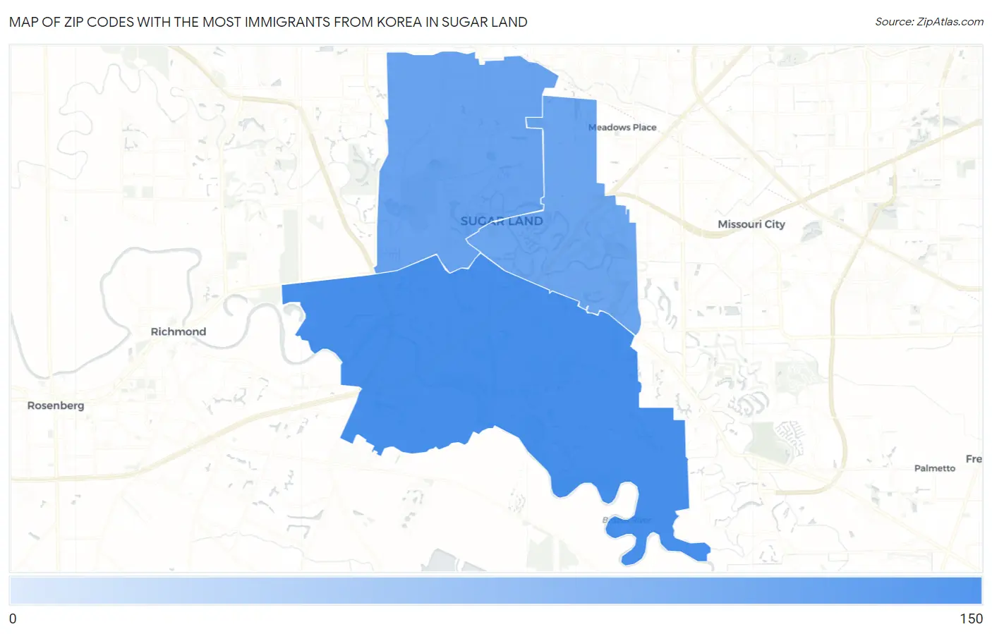 Zip Codes with the Most Immigrants from Korea in Sugar Land Map