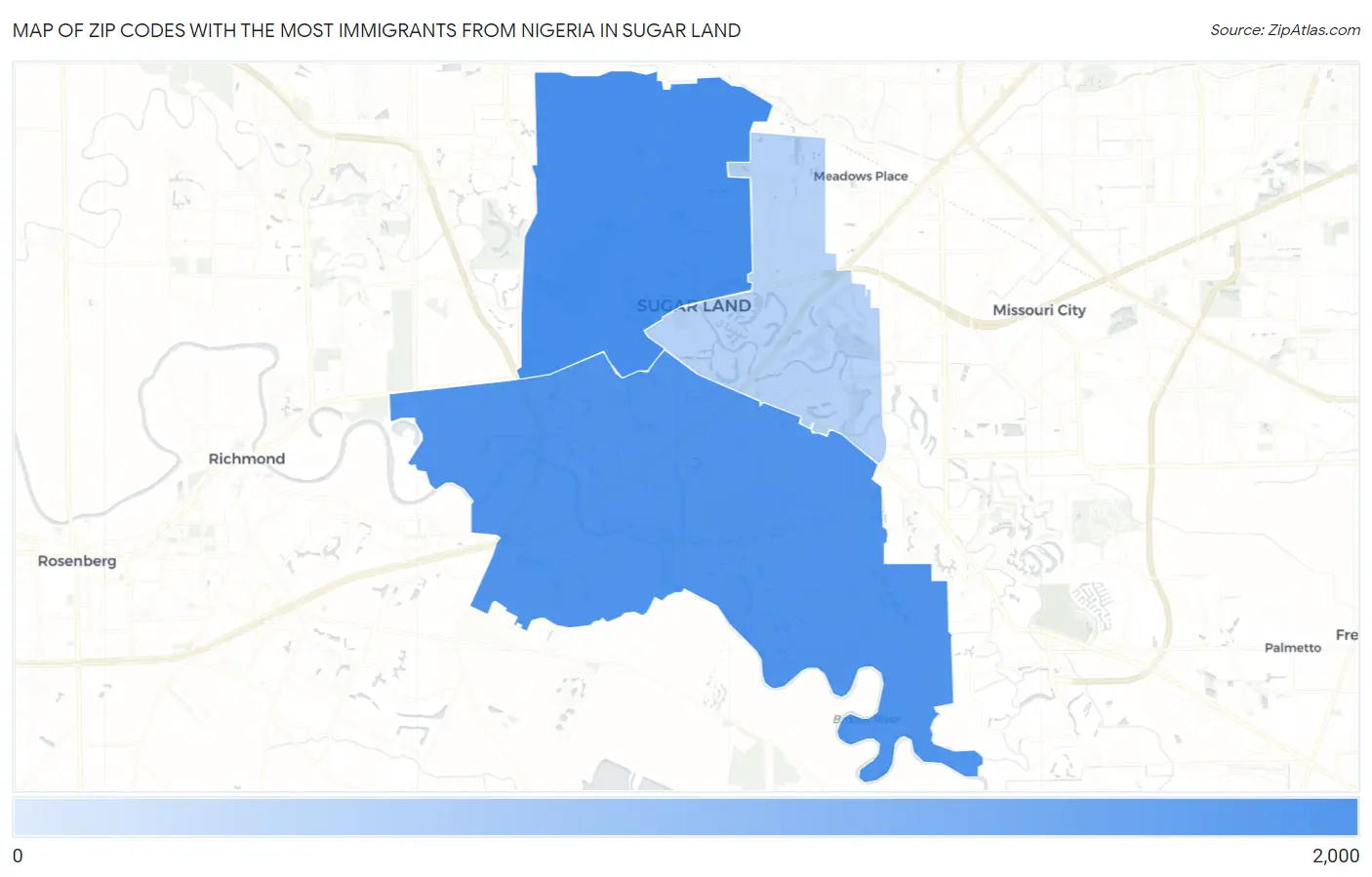 Zip Codes with the Most Immigrants from Nigeria in Sugar Land Map