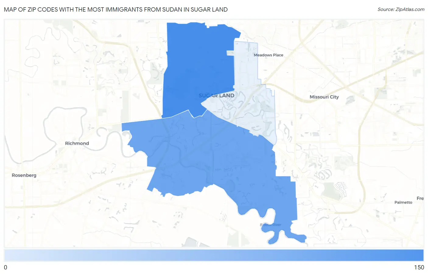 Zip Codes with the Most Immigrants from Sudan in Sugar Land Map