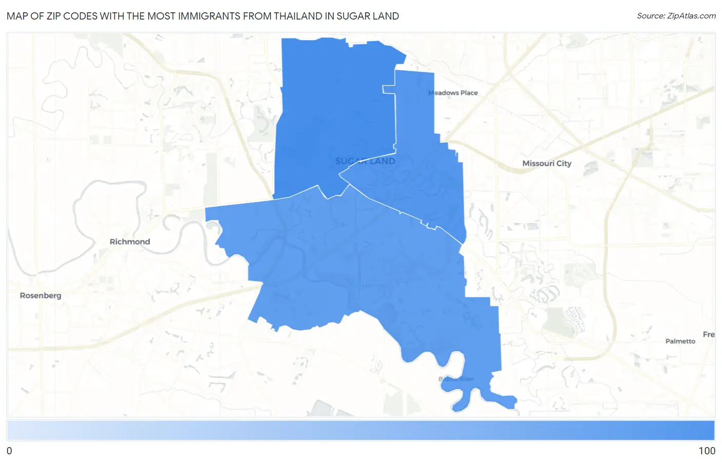 Zip Codes with the Most Immigrants from Thailand in Sugar Land Map