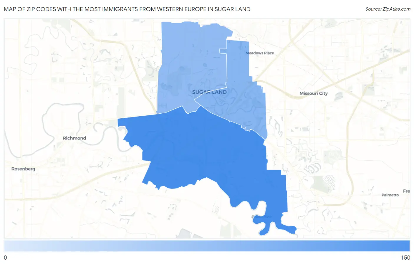 Zip Codes with the Most Immigrants from Western Europe in Sugar Land Map
