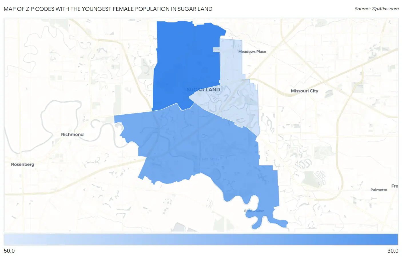 Zip Codes with the Youngest Female Population in Sugar Land Map