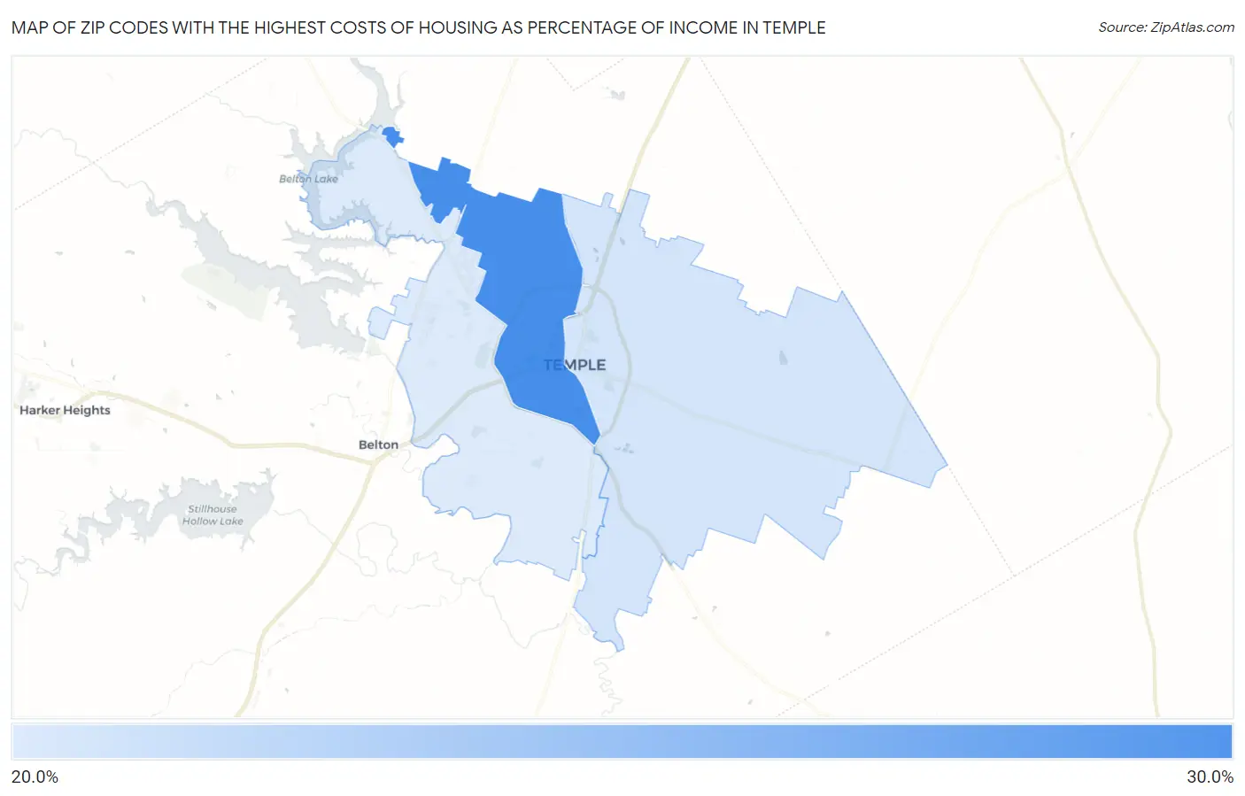 Zip Codes with the Highest Costs of Housing as Percentage of Income in Temple Map