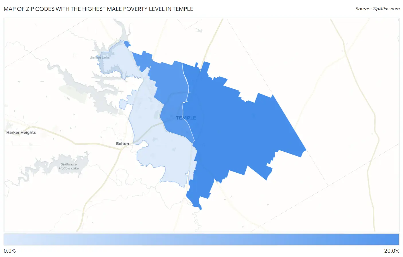 Zip Codes with the Highest Male Poverty Level in Temple Map