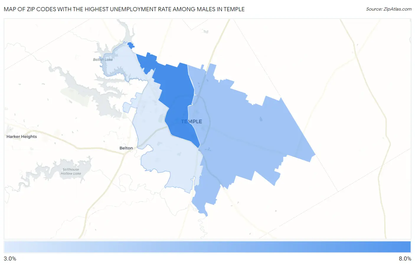 Zip Codes with the Highest Unemployment Rate Among Males in Temple Map