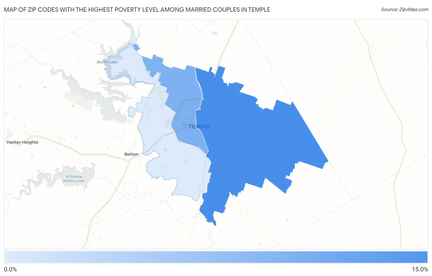 Zip Codes with the Highest Poverty Level Among Married Couples in Temple Map